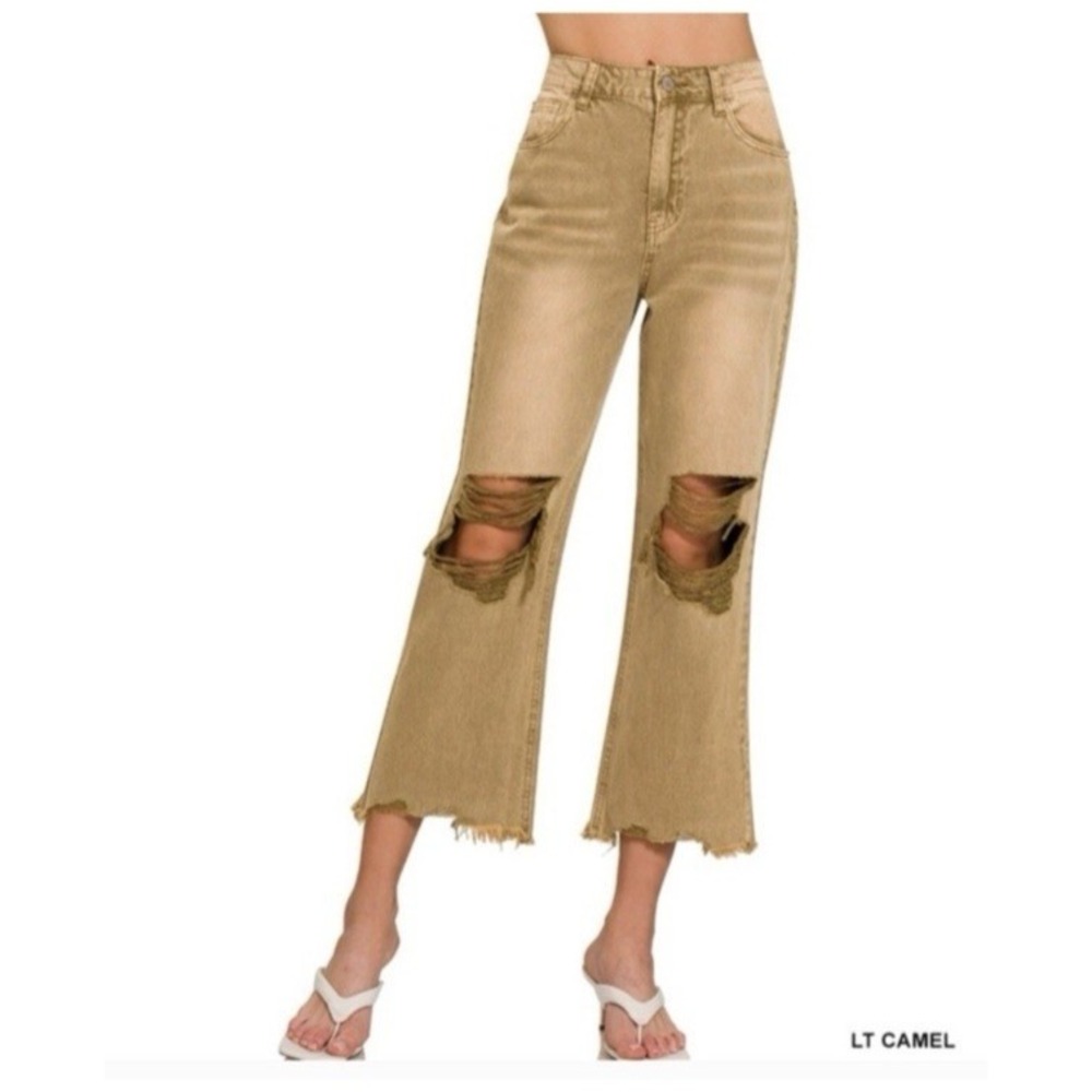 Zenana Outfitters High Waist Frayed Hem Distressed Crop‎ Jeans Tan Size 26 Tan